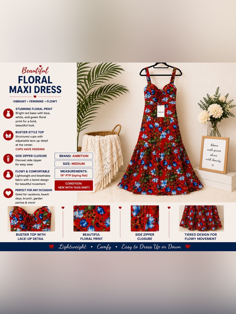 🌺 NWT Ambition Floral Maxi Dress – Size Medium 🌺 100% Rayon - Picture 2 of 2